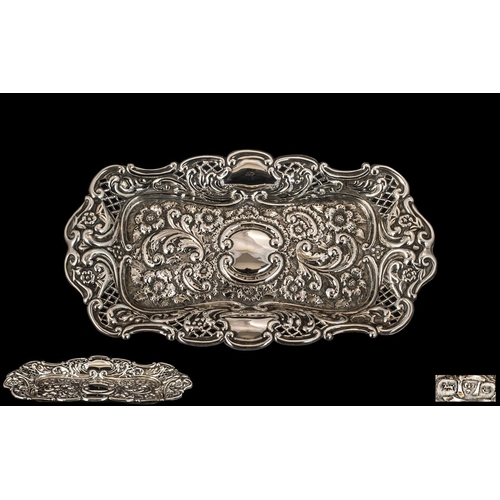 118A - Victorian Period Ornate Sterling Silver Rectangular Shaped Pin Tray, with Embossed Floral and Trelli... 