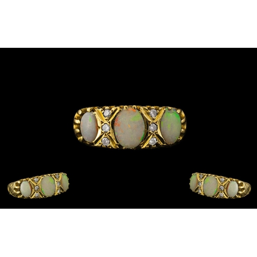 33 - Antique Period Attractive 18ct Gold Opal and Diamond Set Ring with ornate gallery setting; fully hal... 