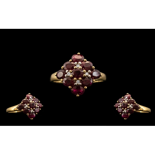 63 - Ladies - 9ct Gold Attractive Ruby and Diamond Set Cluster Ring. Full Hallmark for 9.375 Gold. London... 