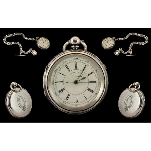 101 - Victorian Period Large and Impressive Sterling Silver Center Seconds Chronograph Pocket Watch. With ... 