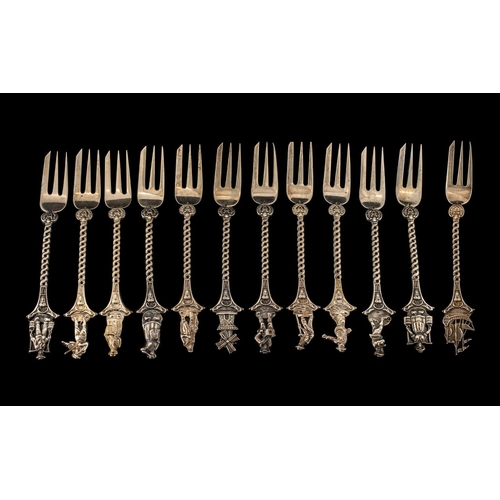 119 - Dutch - Netherlands Superb Matching Set of 12 Silver Figural Topped Cheese Forks, with Snake like De... 