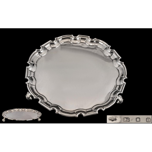 120A - 1930's Good Quality Sterling Silver Circular Salver Raised on a Trio of Stylished Feet with Pie-Crus... 