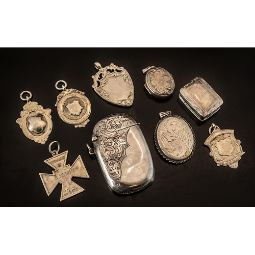 138 - A Small Collection of Antique and Vintage Sterling Silver Medals, pill boxes, lockets and Vesta case... 