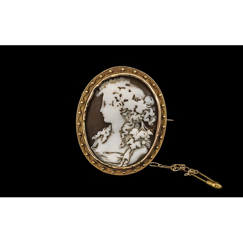 45 - Antique Period Shell Cameo Brooch Set In a 15ct Gold Oval Shaped Ornate Mount with 15ct Gold Safety ... 