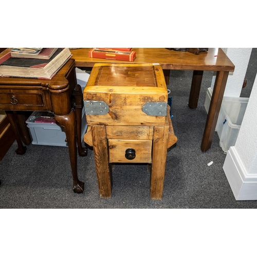 1080 - Small Sized Butcher's Block, refinished on a pine base with a drawer, the block metal mounted with r... 