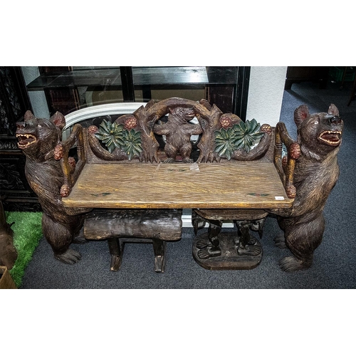 1083 - Black Forest Type 20thC Bear Hall Bench of carved and painted wood, with two bears supporting the se... 