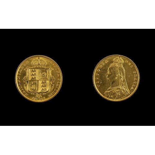 132 - Queen Victoria Jubilee Head - Shield Back 22ct Gold Half Sovereign. Dated 1887, London Mint. High Gr... 