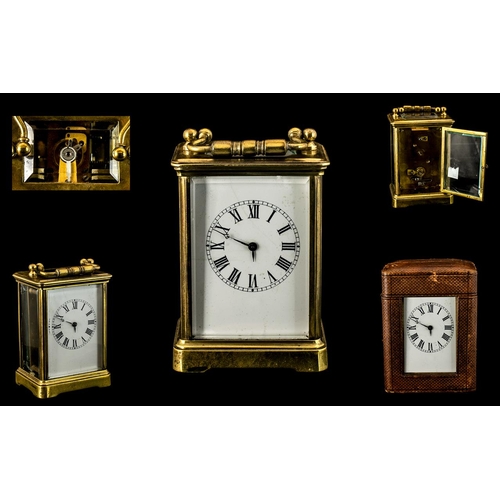 145 - Edwardian Period - Key-wind English Brass Carriage Clock of Small Proportions. Features White Porcel... 