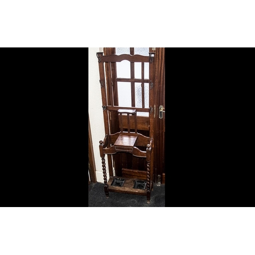 1079 - Early 20th Century Oak Barley Twist Hall Stand, typical form with glove compartment, hooks, and drip... 