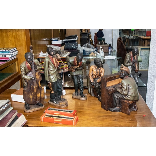 1098 - Set of Six Vintage Decorated Resin Figures of a Black Jazz Band, of large size, comprising Piano/Sin... 