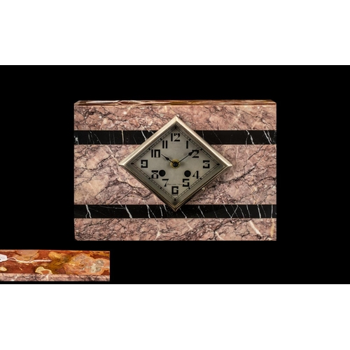 1102 - Art Deco Pink Marble Mantle Clock with a diamond shaped silvered dial converted to a quartz battery ... 