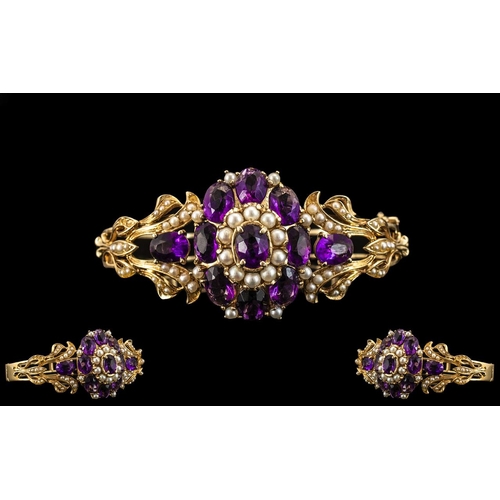 39A - 14ct Yellow Gold - Superb and Impressive Amethyst and Seed Pearl Set Ornate Hinged Bangle of Large P... 