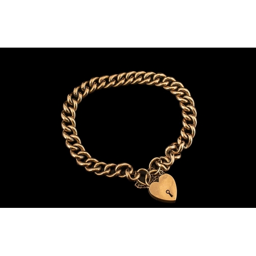 33B - Late Victorian Period 9ct Gold Curb Bracelet with Attached 9ct Gold Heart Shaped Padlock. Hallmark B... 