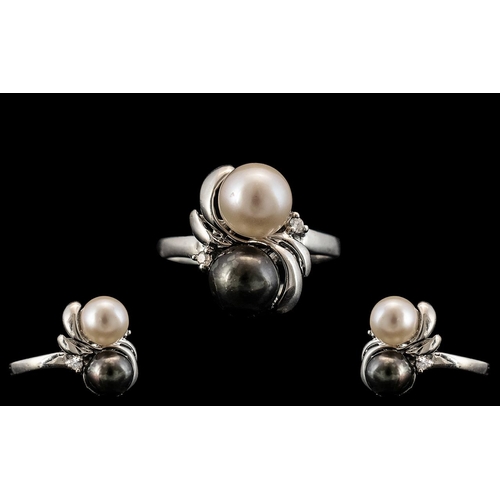 66A - 14ct White Gold Black and White Pearl Set Dress Ring, With Tiny Diamond Shoulders. Marked 14ct to In... 