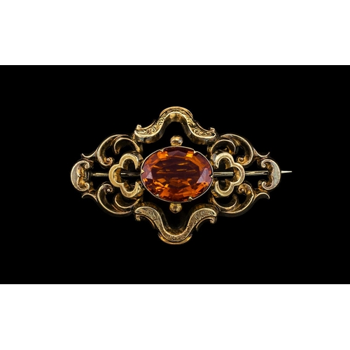 70A - Victorian Period Large 9ct Gold Orange - Citrine Set Ornate Brooch, Excellent Faceted Citrine In Col... 