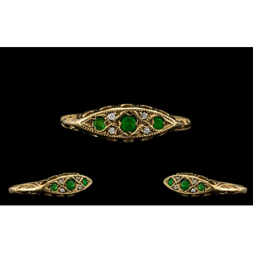 75B - Antique Period Attractive 9ct Gold Diamond and Emerald Set Ring - Exquisite Setting. Ring Size P. Se... 