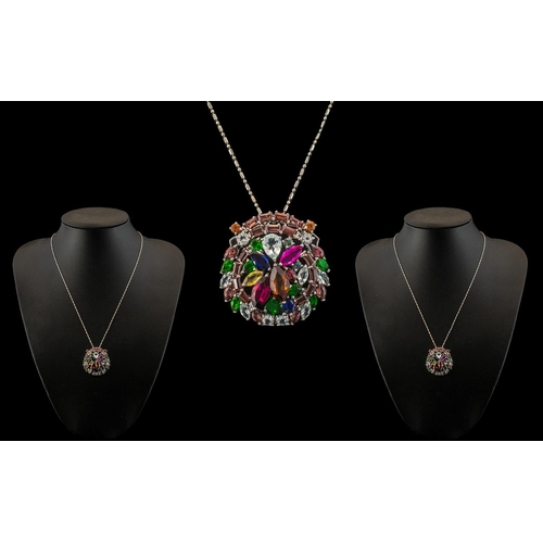 7A - 18ct White Gold - Superb Quality and Attractive Multi-Coloured Sapphire Set Circular Pendant with At... 