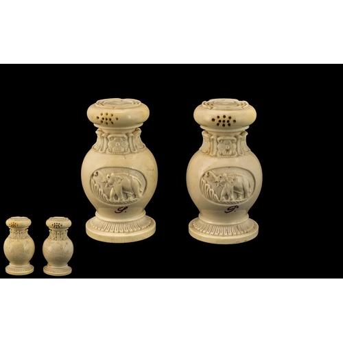 122 - Antique Period Superb Quality Pair of Carved Ivory Salt and Pepper Pods of Bulbous Form, with Centra... 