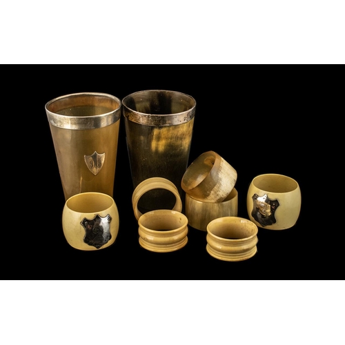 253 - Silver Topped Bone Beakers and bone and ivory napkin holders, fully hallmarked for silver.  Please s... 