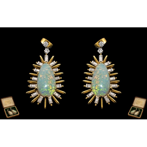 4 - A Superb Pair of Star-burst Design 18ct Gold Opal and Diamond Set Pair of Earrings of Large and Impr... 