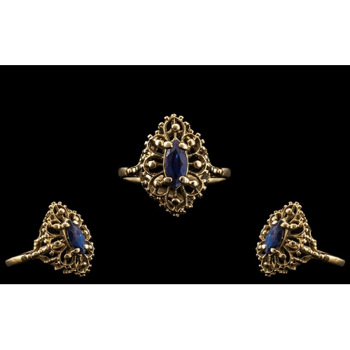 56 - Ladies 9ct Gold - Attractive Single Stone Sapphire Set Dress Ring, With Excellent Open Worked Settin... 