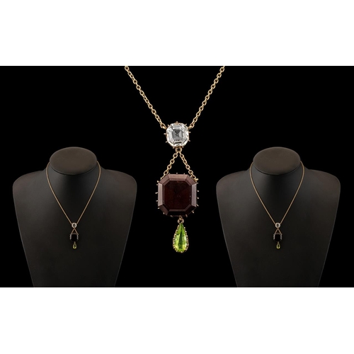 61 - Victorian Period - Attractive 9ct Gold Multi Colour Gem Set Necklace with Integral 3 Stone Pendant D... 