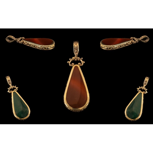 163 - Antique Style Nice Quality and Large 9ct Gold Stone Set Pear Shaped Pendant Drop with Ornate Embosse... 