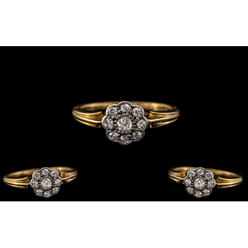 78 - Antique Period 18ct Gold - Attractive Diamond Set Cluster Ring, Flower head Setting. The Diamonds of... 