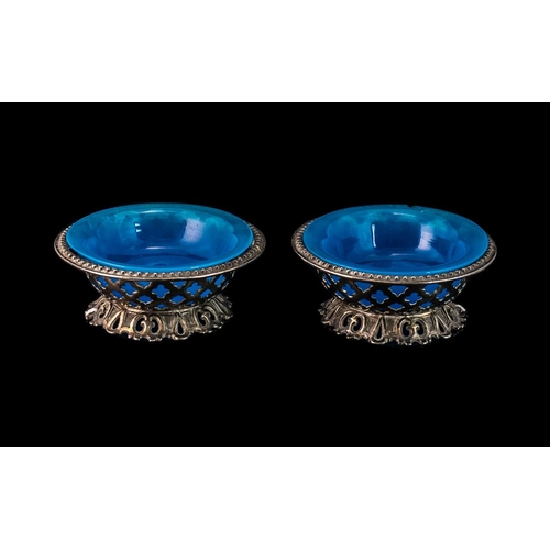 187 - Pair of Antique French Blue Opaline Glass Table Bon-Bon Dishes, housed in a basket shaped silver-pla... 