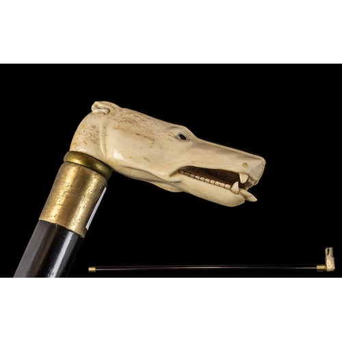 217 - Carved Bone Walking Stick In The Form of a Dog. Carved Bone Walking Stick, Glass Eyes and Realistica... 