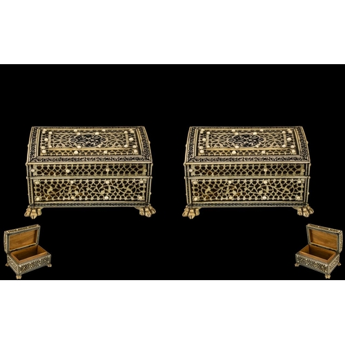 145 - Anglo - Indian Fine Matched Pair of Intricately Carved Ivory Overlaid Hinged Lidded Trinket Boxes of... 