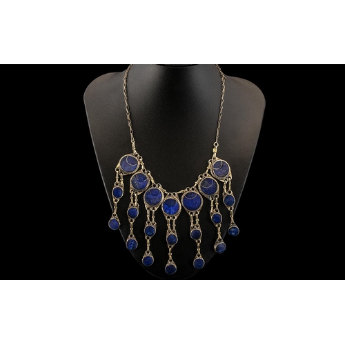 151 - Antique Period Indian Hand Made Silver Wedding Necklace of Ornate Design, Set with Lapis Lazuli Ston... 