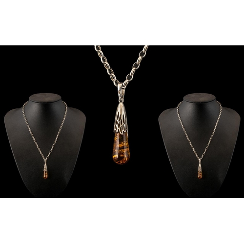 275 - Silver Belcher Chain with Amber Drop. Belcher Chain with Pear Shaped Amber Drop. Necklace 17 Inches,... 