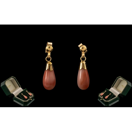 98 - Ladies Attractive Pair of 9ct Gold and Coral Tear Drops Set Earrings. Marked to Each Earring 9ct. Th... 