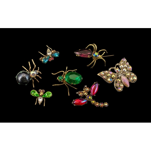 182 - Vintage Costume Jewellery - 7 Pieces of Bug Brooches, all set with lovely coloured semi precious sto... 