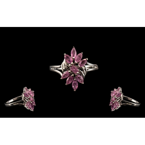 258 - Pink Sapphire Cluster Ring, marquise cut hot pink sapphires, totalling 2cts, creating a double fan s... 