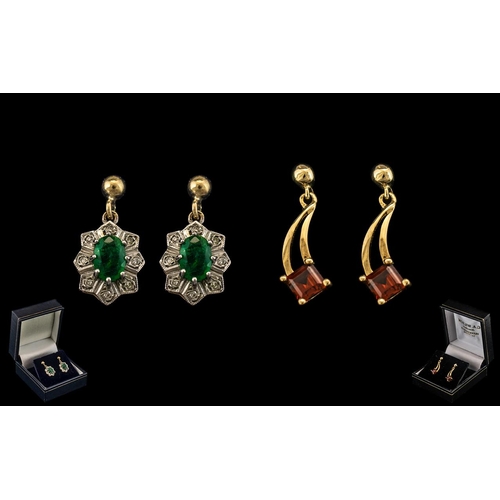 75 - Ladies - ( 2 ) Pairs of 9ct Gold Stone Set Earrings, One Pair Set with Emerald and Diamonds. Both Pa... 