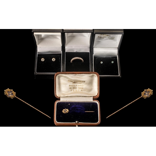 88A - Collection of Gold Jewellery.  Comprises: Victorian Tie Pin, diamond and emerald, marked 9ct; two pa... 