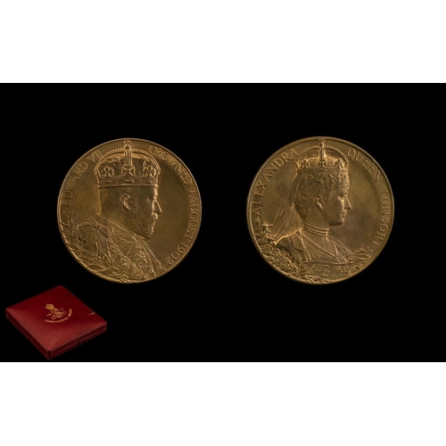 154 - Edward VII - Large 1902 Copper Coronation Medal, Engraved G.W.DE Saulles with Red Leather Display Ca... 