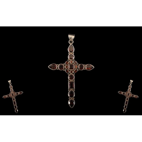 279 - Large Silver Cross Set with Garnets. Large and Impressive Silver Cross Pendant Set with Large Garnet... 