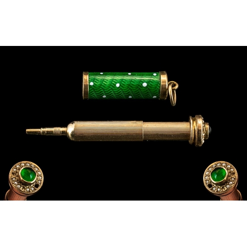 50 - Victorian Period - Superb 9ct Gold Cased and Green Enamel Set Miniature Telescopic Propelling Pencil... 