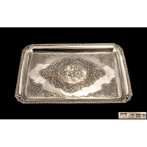 116A - Edwardian Period Superb Quality Silver Embossed Tray, The Central Panel with Embossed Images of a Co... 