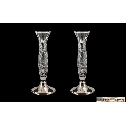 118B - Elizabeth II Pair of Silver Based Cut Glass Specimen Bud Vases. Hallmark Birmingham 1985, Maker B & ... 