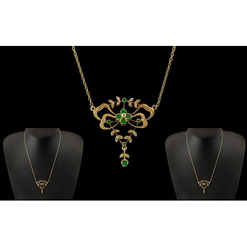 55A - Antique Period Style Ladies 9ct Gold Emerald and Diamond Set Pendant and Integral Chain. Full hallma... 