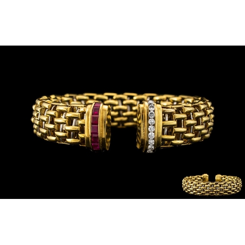 11 - Italian Designer 18ct Two Tone Gold Bangle In a Basket Weave Design, The Ends Set In Diamonds and Ru... 