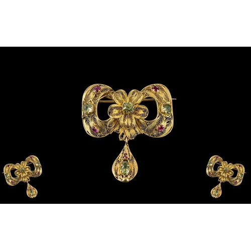 63 - Georgian 18ct Gold Wire-worked Brooch, The Whole with Drop Set Semi Precious Stones. Not Marked but ... 