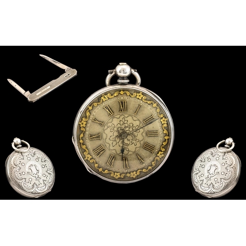 137 - Swiss made 1920's Superior Ladies Ornate Silver Open Faced Key-Wind Small Pocket Watch, with Gold Ma... 