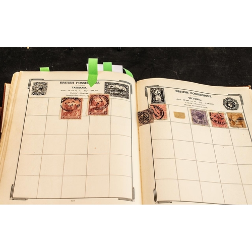 1397 - Very old Stanley Gibbons Improved stamp album No. 0 well filled with stamps from around the world. G... 