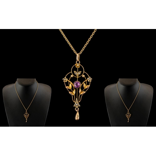 157 - Victorian 9ct Gold Amethyst and Pearl Pendant of delicate form, with a 9ct gold chain