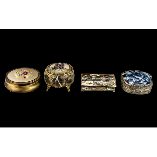 1600A - Four Vintage Lidded Trinket Boxes, one with an embroidered lid, Chinese pottery lid, shell lid, and ... 